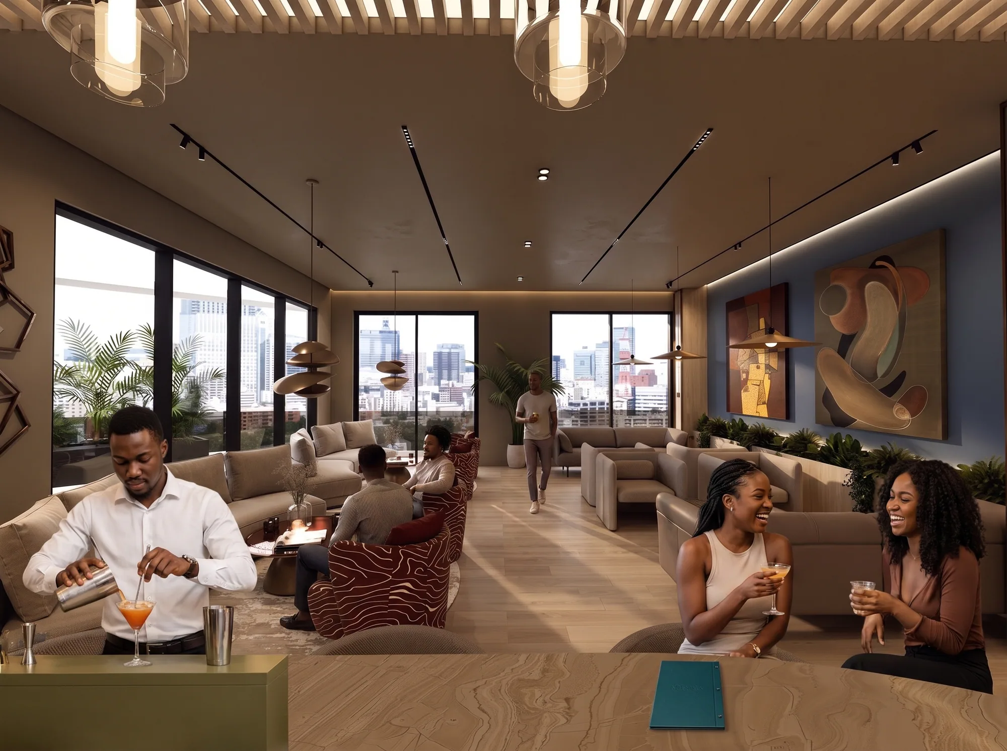 The bar and lounge with residents talking over drinks