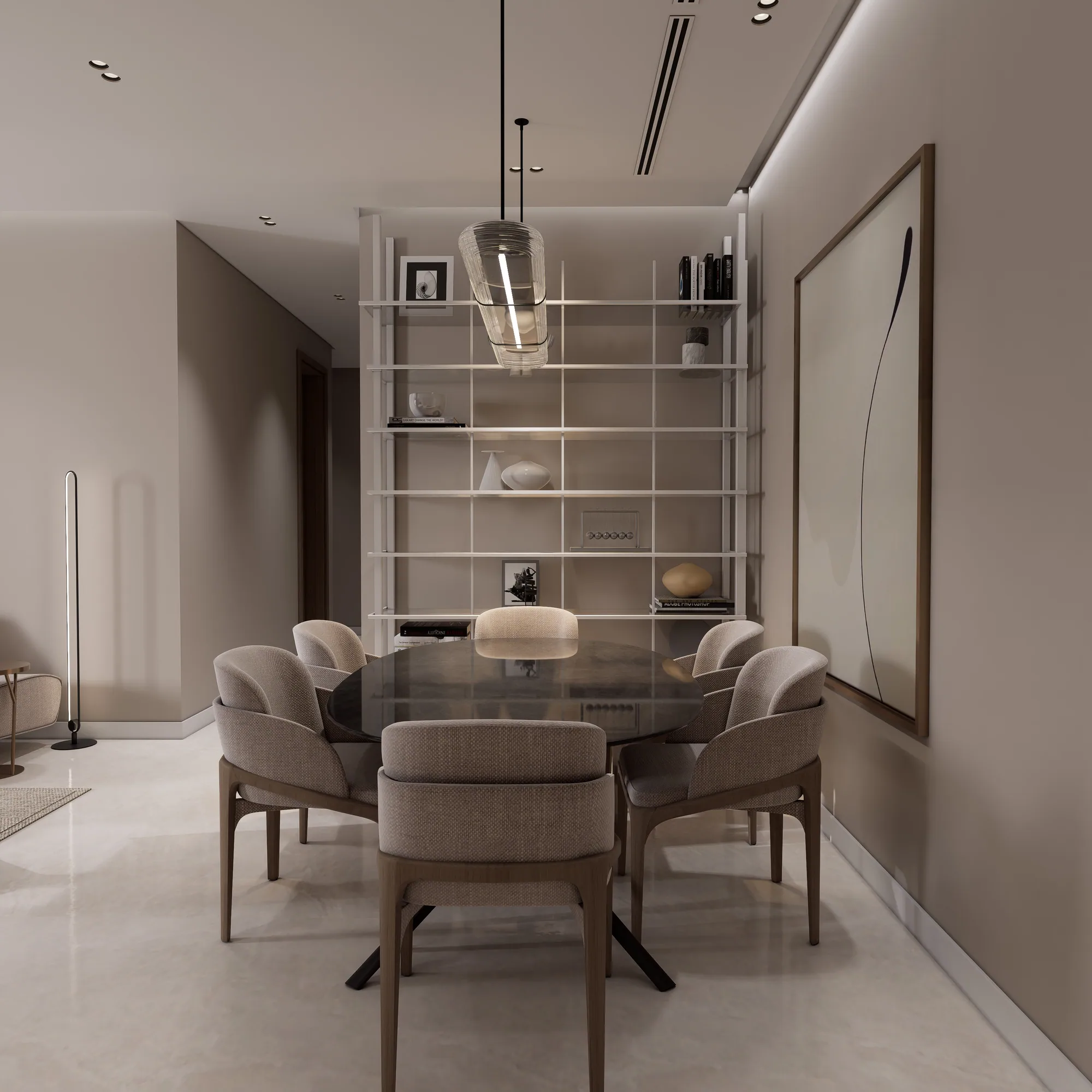 Apartment dining area with an oval table and six chairs