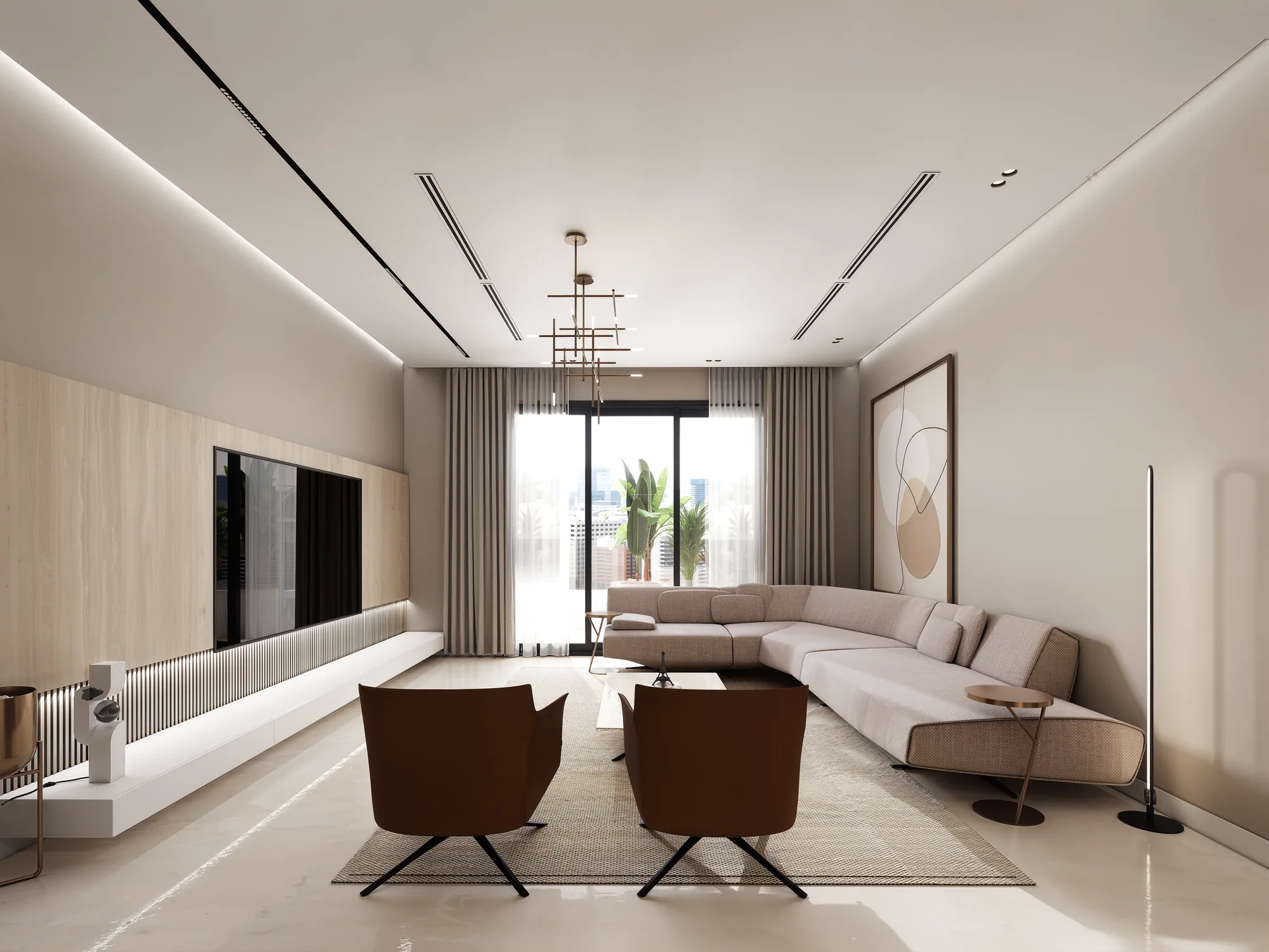 Apartment living room looking towards the balcony doors