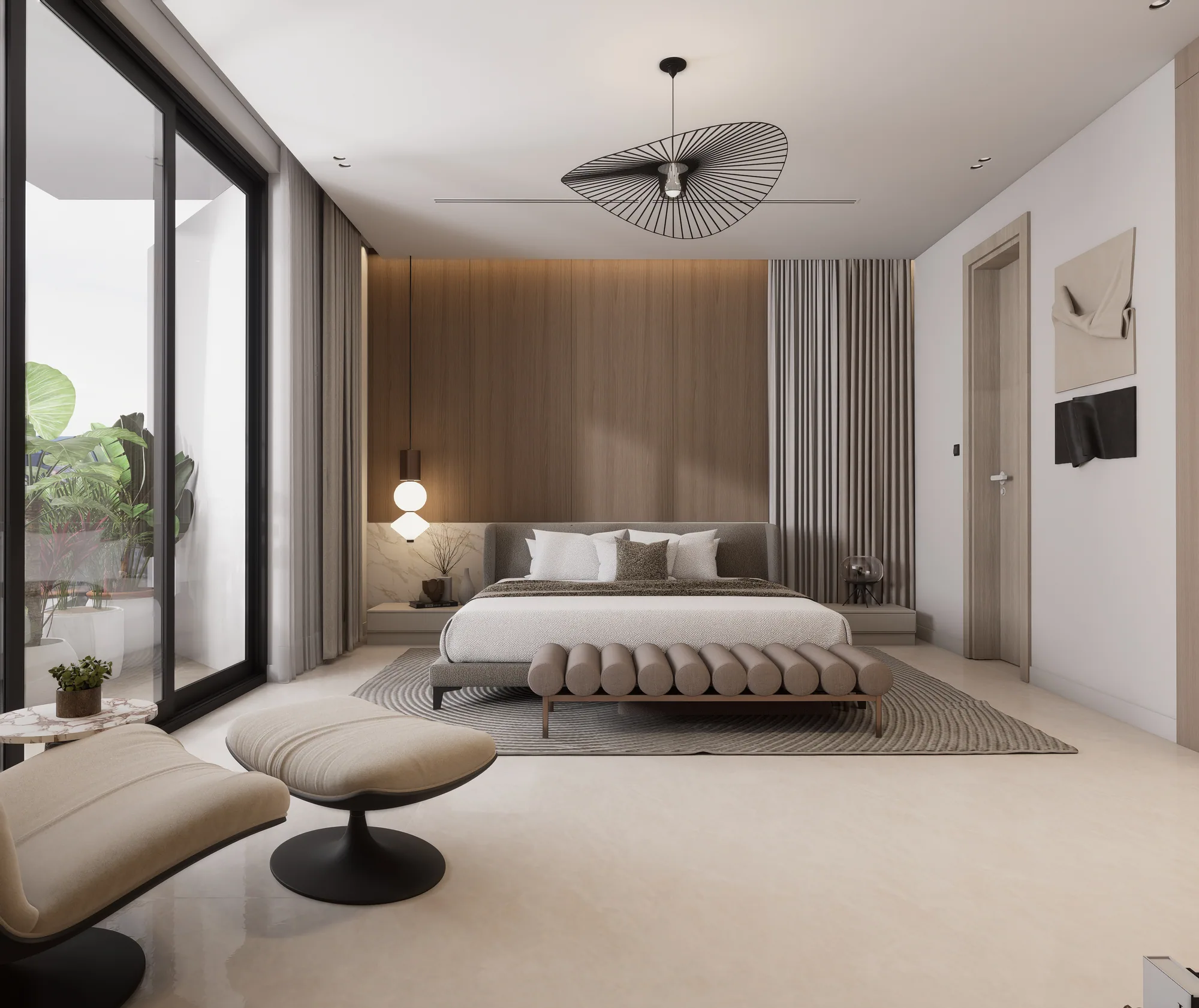 Penthouse bedroom opening onto a planted balcony