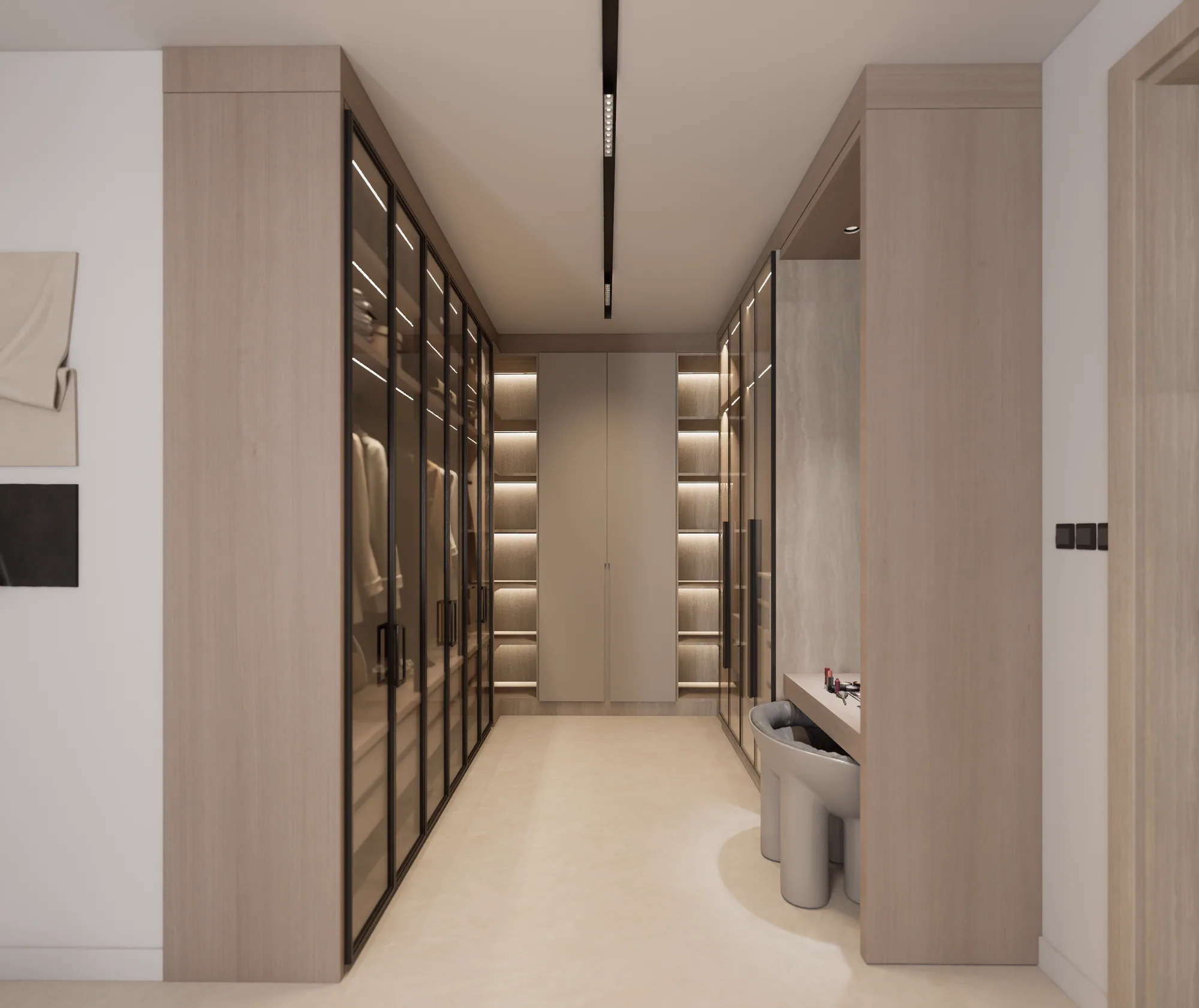 Walk-in closet with glass-fronted wardrobes on both sides