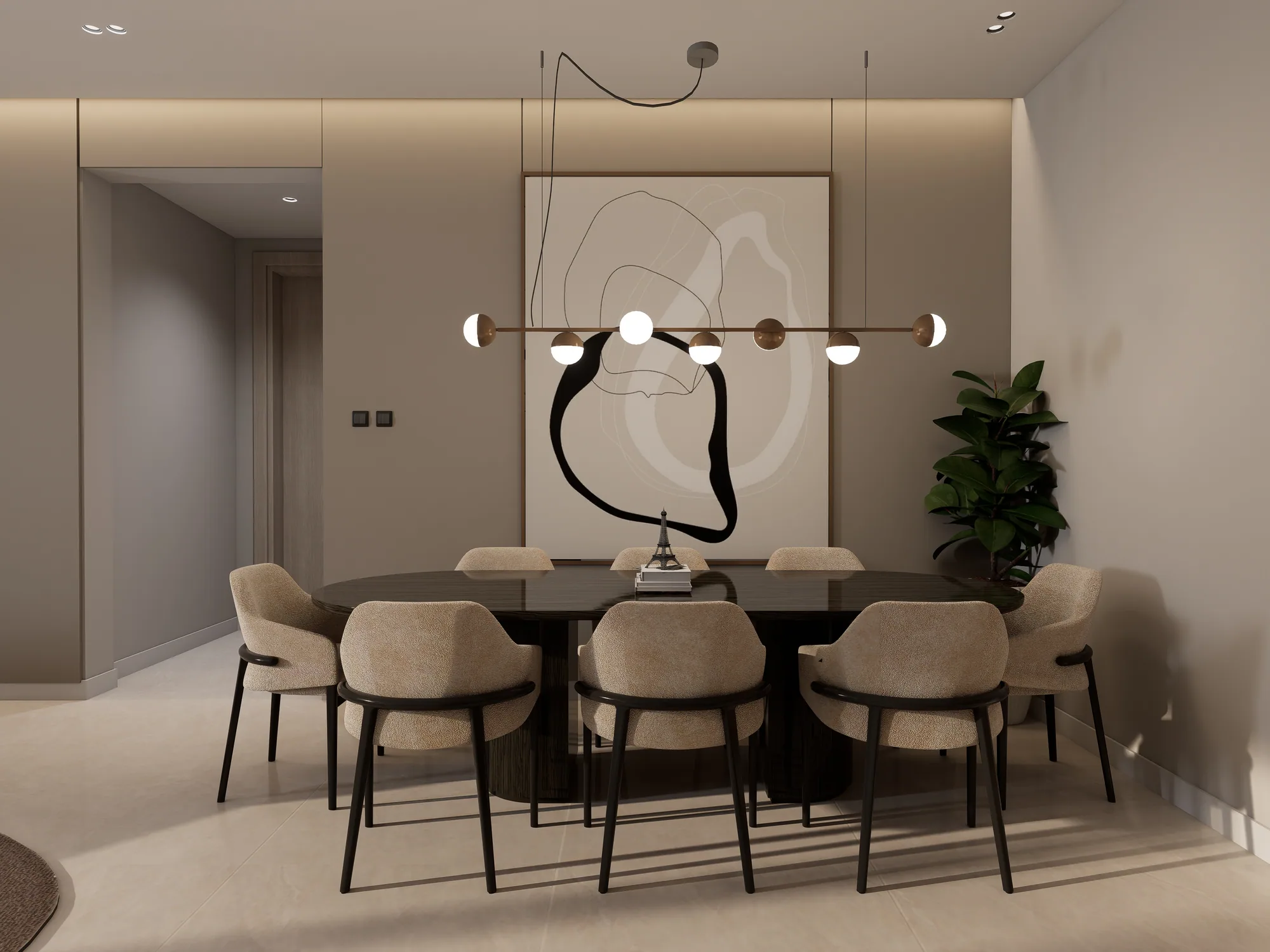 Penthouse dining area with a dark oval table beneath a linear pendant