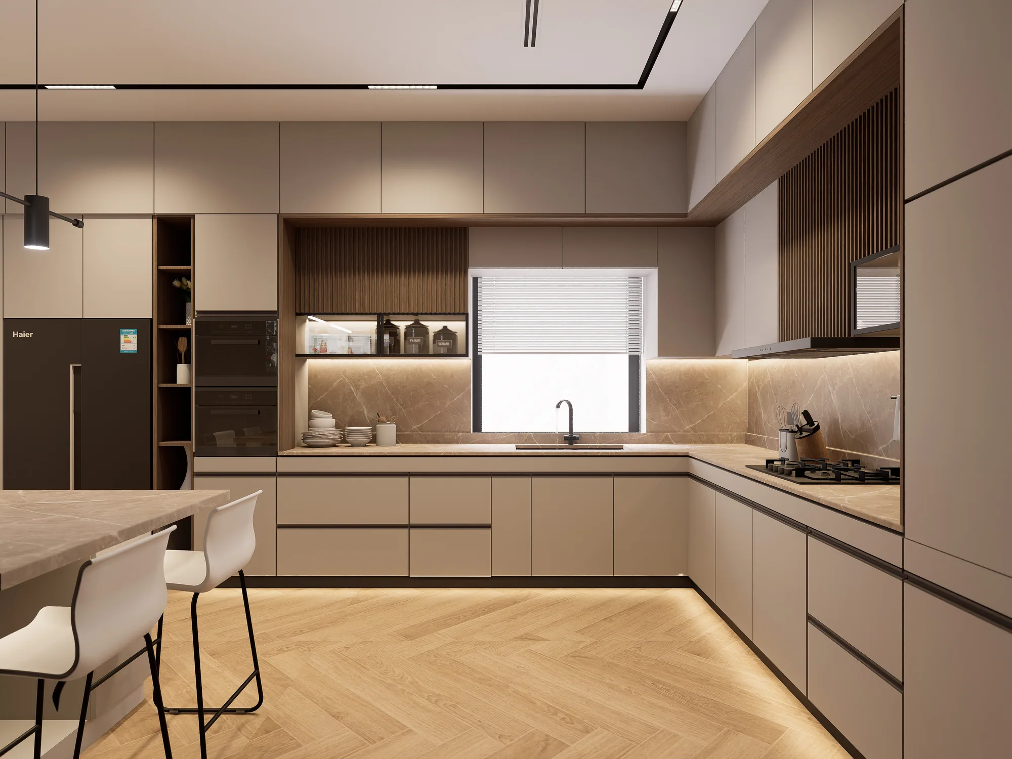 Penthouse kitchen with stone worktops and herringbone timber floor