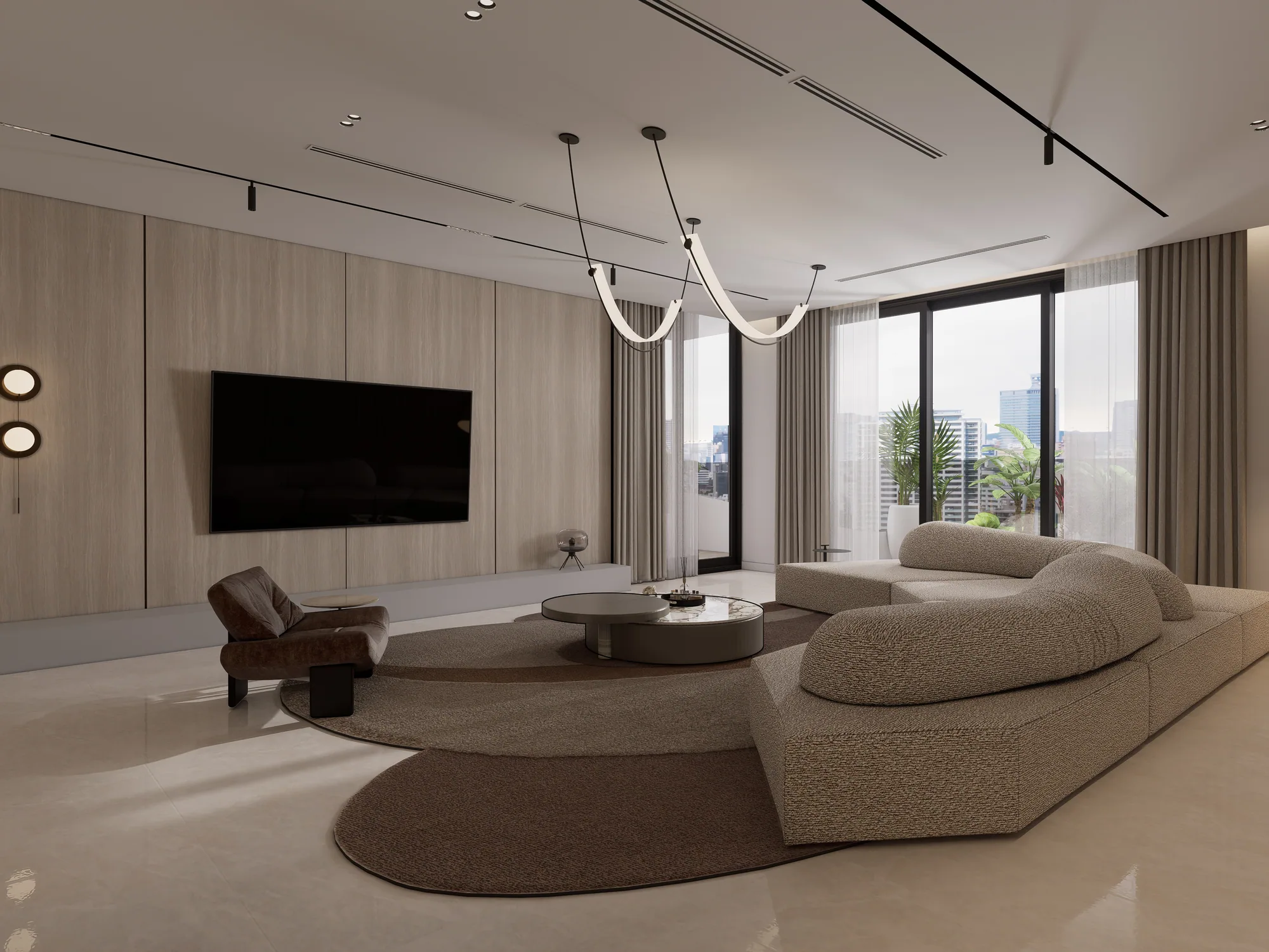Penthouse living room with full-height doors to the terrace