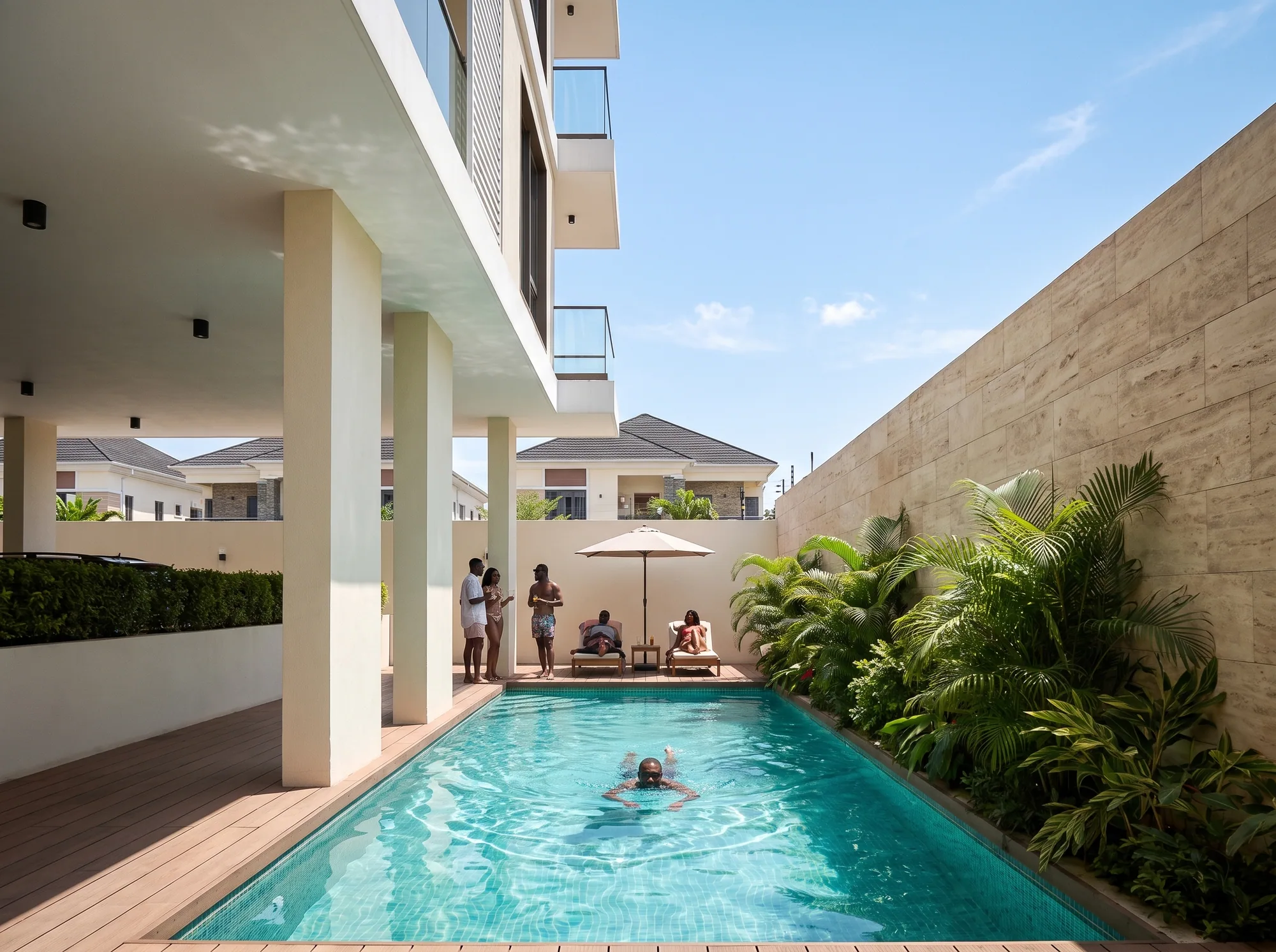 The swimming pool beside a planted stone wall