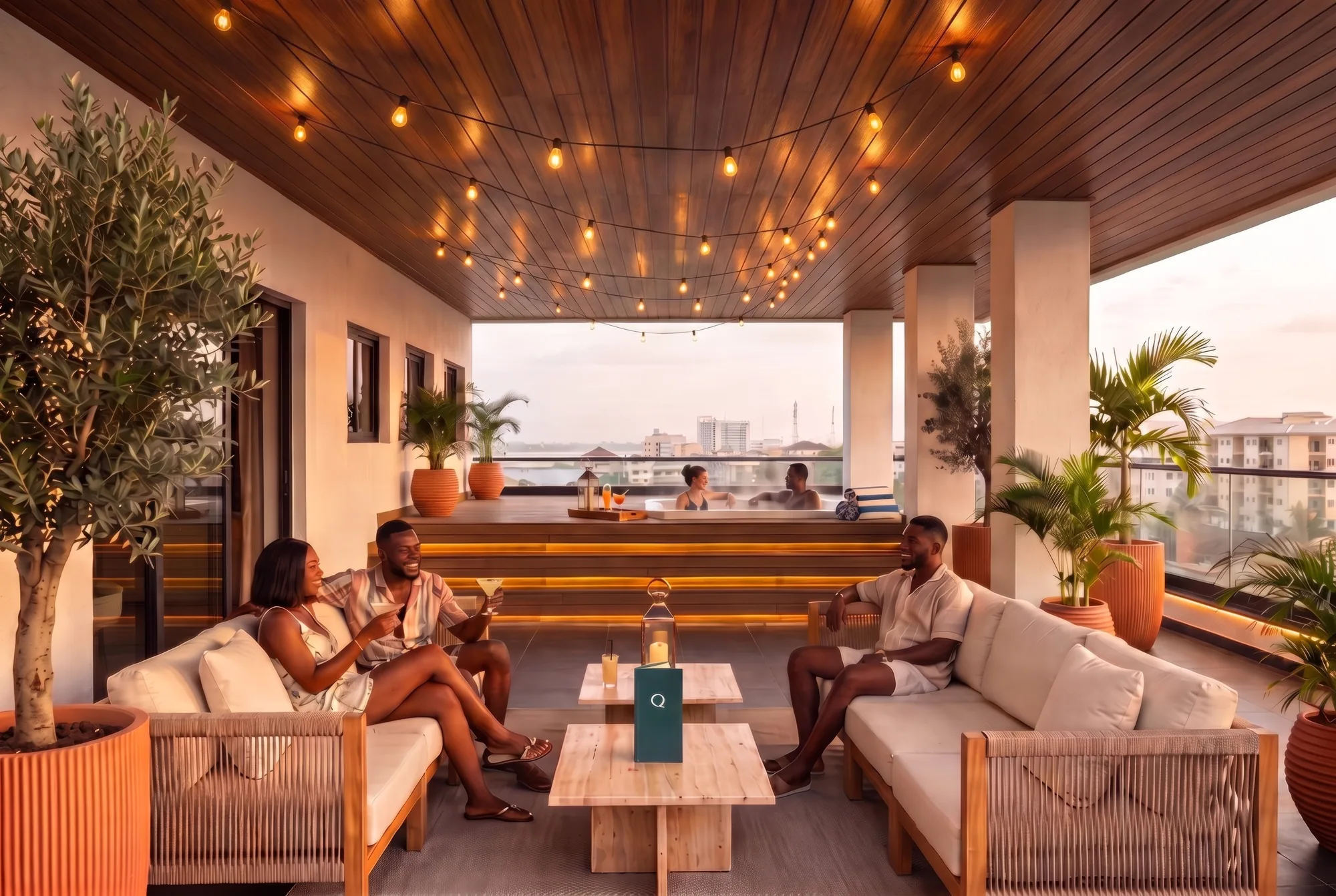 The rooftop lounge at dusk under string lights