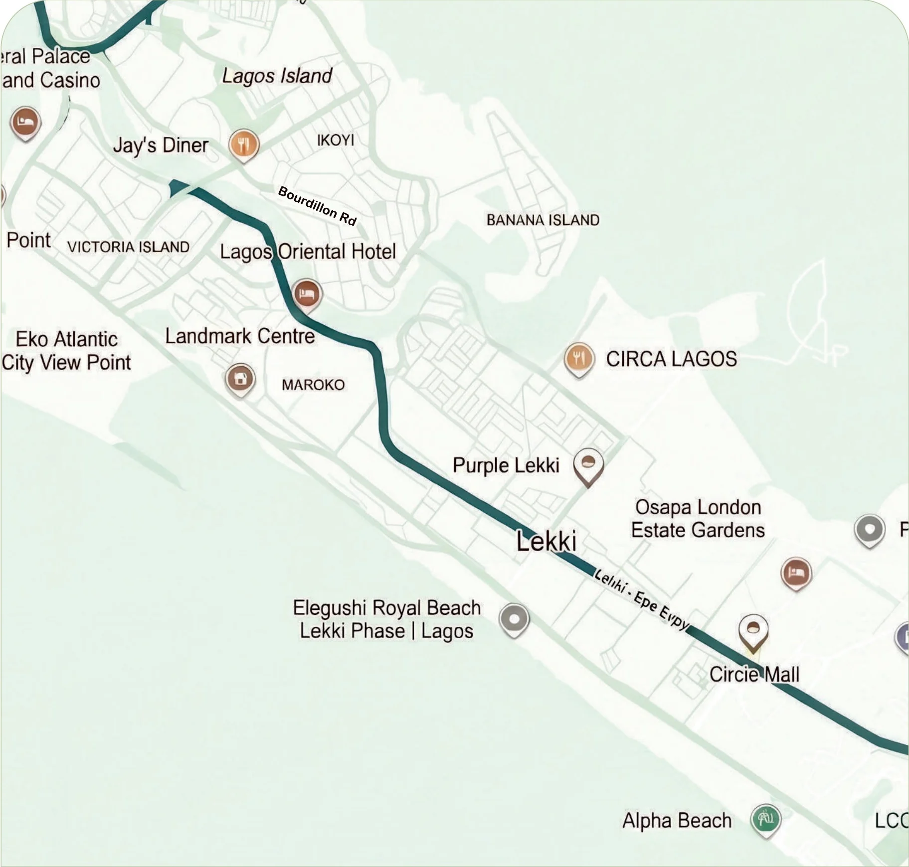 Map of Lekki, Victoria Island, Ikoyi and Banana Island along the Lekki-Epe Expressway